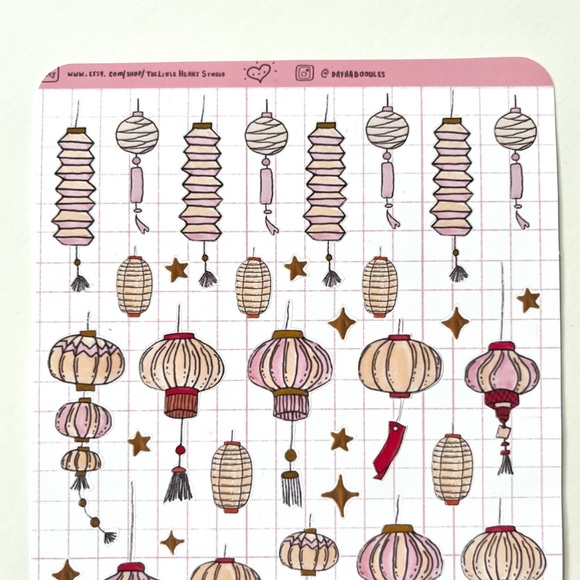 ✨handmade by me✨Chinese pink gold red lanterns planner stickers decorative bujo - Picture 3 of 8